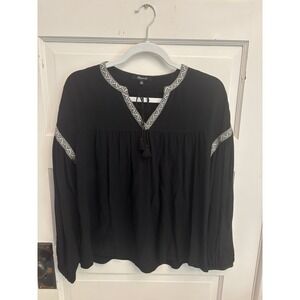 Madewell Women's BlackEmbroidered Neck Poet Sleeves Blouse Tassels Boxy Size XXS